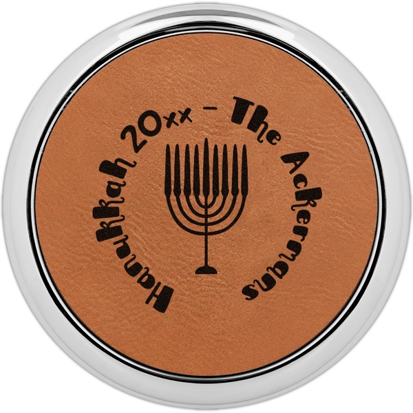 Custom Hanukkah Leatherette Round Coaster w/ Silver Edge - Single or Set (Personalized)
