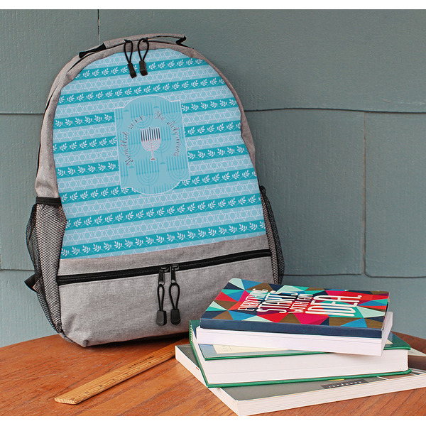 Hanukkah Large Backpack - Gray - On Desk