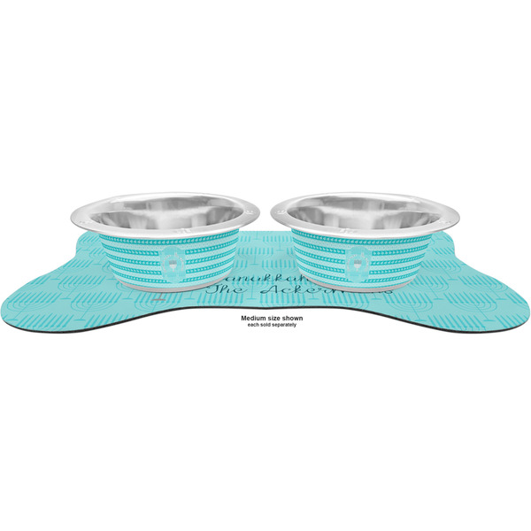 Hanukkah Metal Pet Bowls - On Dog Bone Shaped Mat
