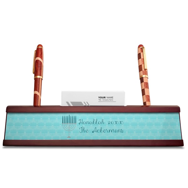Hanukkah Red Mahogany Nameplates with Business Card Holder - Straight