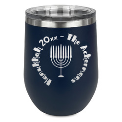 Hanukkah Stemless Stainless Steel Wine Tumbler - Navy - Double Sided (Personalized)