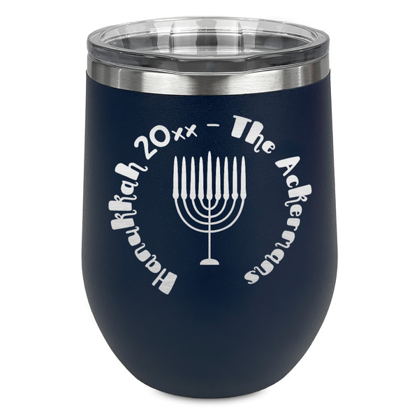 Custom Hanukkah Stemless Stainless Steel Wine Tumbler - Navy - Double Sided (Personalized)