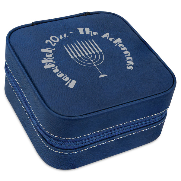 Custom Hanukkah Travel Jewelry Box - Navy Blue Leather (Personalized)
