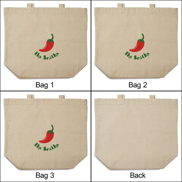 Chili Peppers 3 Reusable Cotton Grocery Bags - Front & Back View
