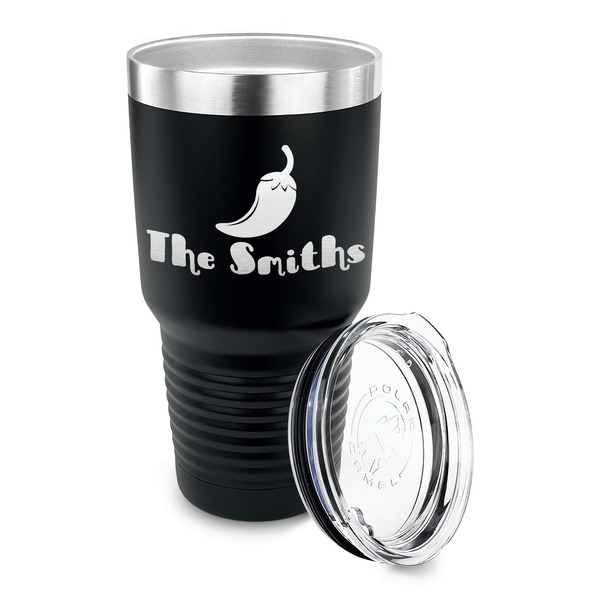 Chili Peppers 30 oz Stainless Steel Ringneck Tumblers - Black - LID OFF
