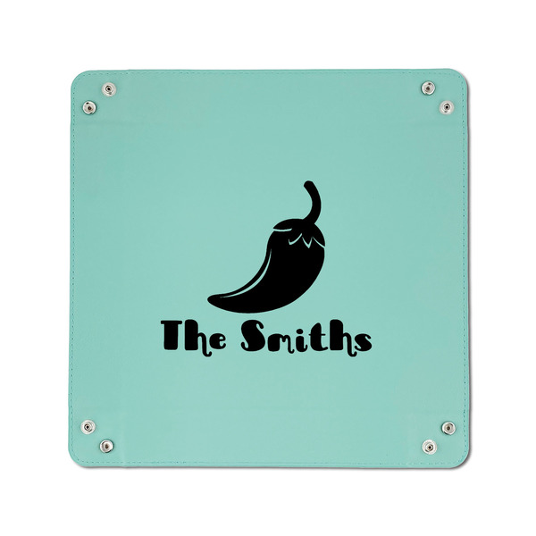 Chili Peppers 6" x 6" Teal Leatherette Snap Up Tray - APPROVAL