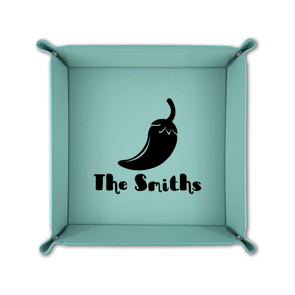 Chili Peppers 6" x 6" Teal Leatherette Snap Up Tray - FOLDED UP