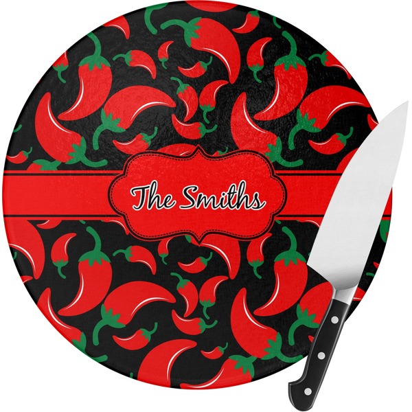 Custom Chili Peppers Round Glass Cutting Board - Small (Personalized)