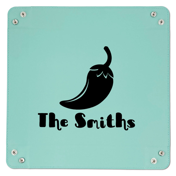 Chili Peppers 9" x 9" Teal Leatherette Snap Up Tray - APPROVAL