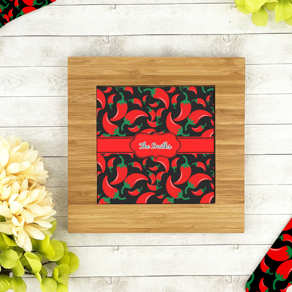 Chili Peppers Bamboo Trivet with 6" Tile - LIFESTYLE