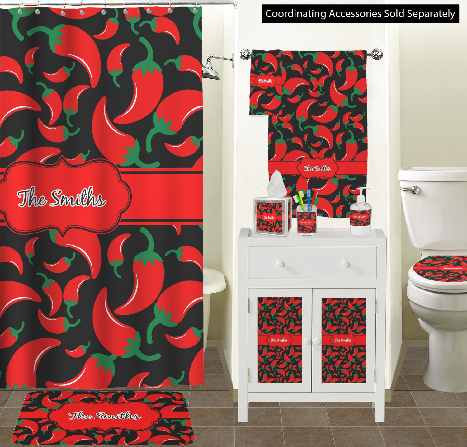 Chili Peppers Ceramic Bathroom Accessories Set (Personalized
