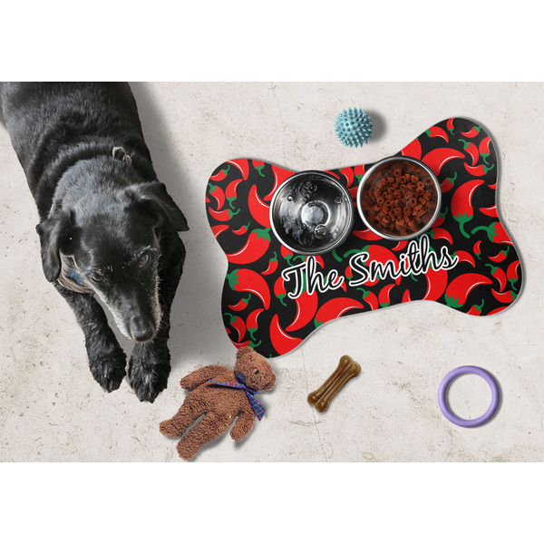 Chili Peppers Bone Shaped Mat w/ Food & Water