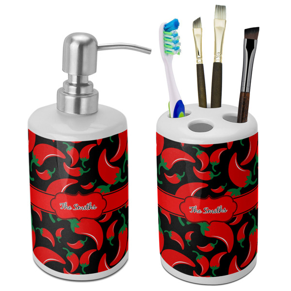 Custom Chili Peppers Ceramic Bathroom Accessories Set (Personalized)