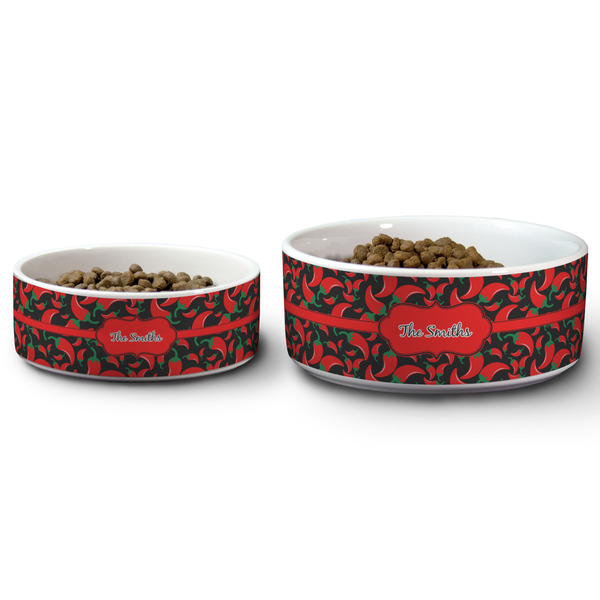 Chili Peppers Ceramic Dog Bowls - Size Comparison