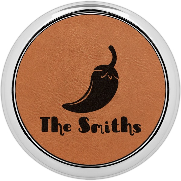 Custom Chili Peppers Leatherette Round Coaster w/ Silver Edge (Personalized)