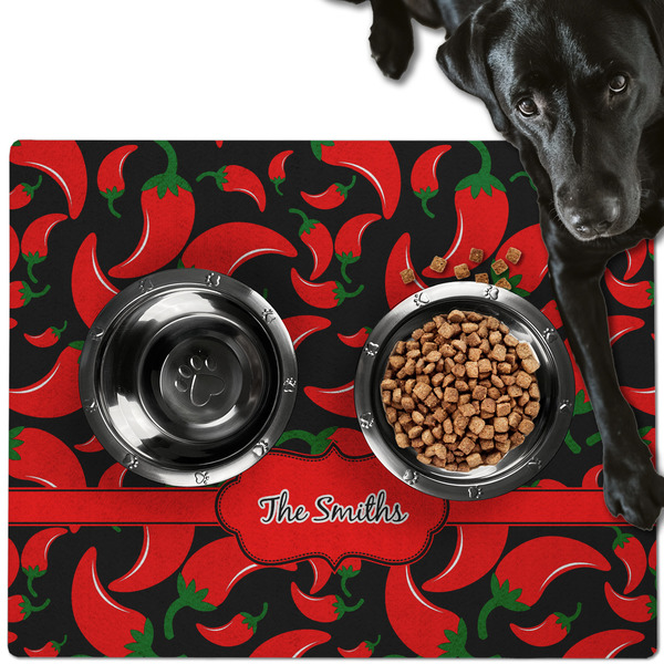 Custom Chili Peppers Dog Food Mat - Large w/ Name or Text