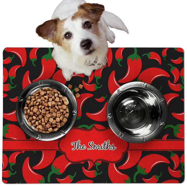 Custom Chili Peppers Dog Food Mat - Medium w/ Name or Text