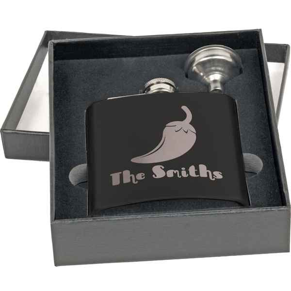 Chili Peppers Engraved Black Flask Gift Set
