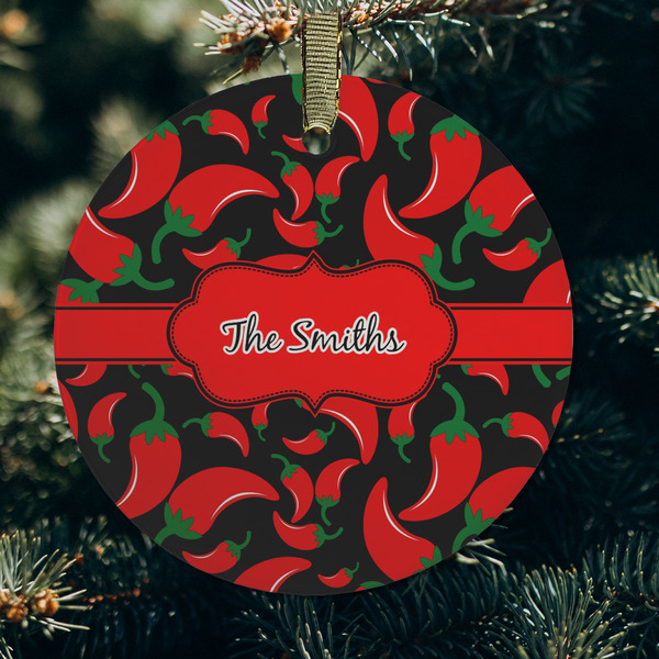 Chili Peppers Frosted Glass Ornament - Round (Lifestyle)