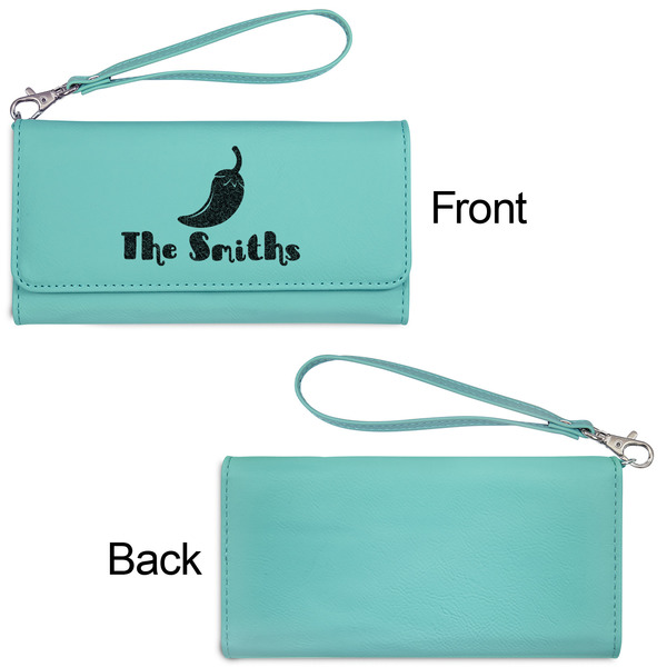 Chili Peppers Ladies Wallets - Faux Leather - Teal - Front & Back View