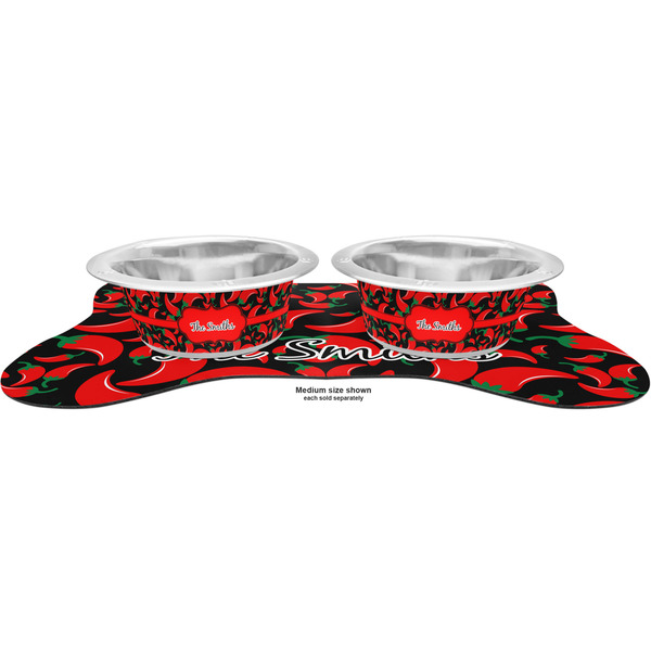 Chili Peppers Metal Pet Bowls - On Dog Bone Shaped Mat