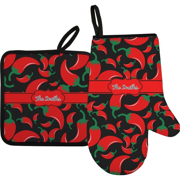 Custom Chili Peppers Right Oven Mitt & Pot Holder Set w/ Name or Text