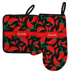 Chili Peppers Left Oven Mitt & Pot Holder Set w/ Name or Text