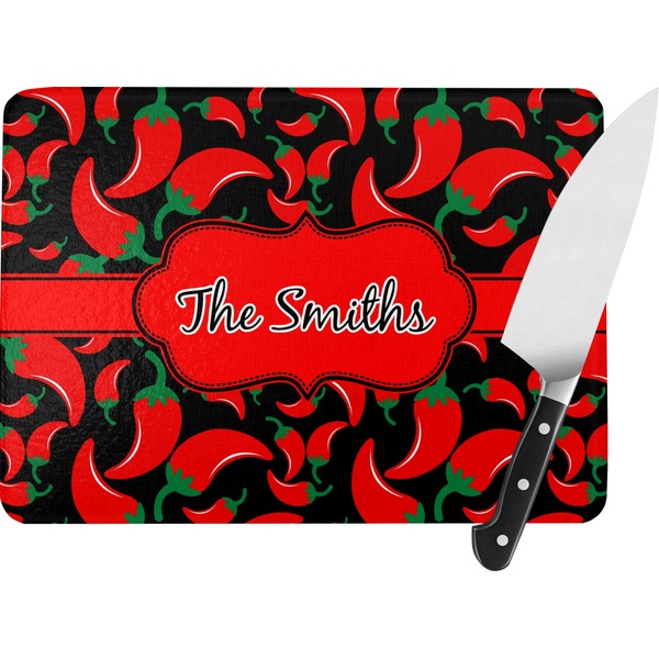 Custom Chili Peppers Rectangular Glass Cutting Board - Large - 15.25"x11.25" w/ Name or Text