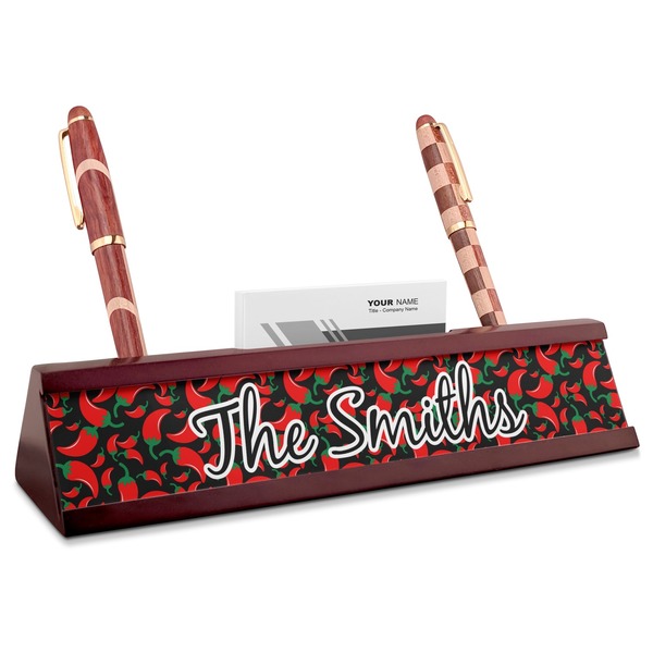 Custom Chili Peppers Red Mahogany Nameplate with Business Card Holder (Personalized)