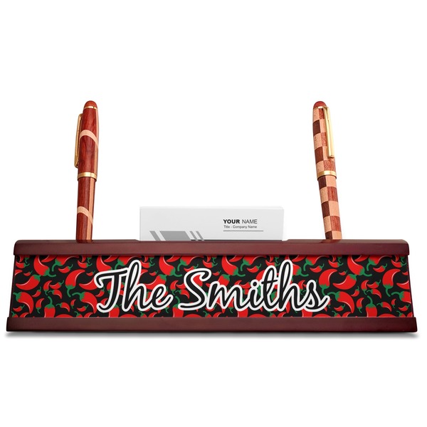 Chili Peppers Red Mahogany Nameplates with Business Card Holder - Straight