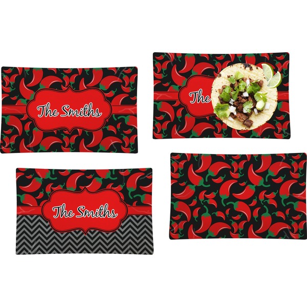 Custom Chili Peppers Set of 4 Glass Rectangular Lunch / Dinner Plate (Personalized)