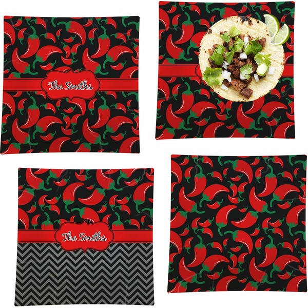 Custom Chili Peppers Set of 4 Glass Square Lunch / Dinner Plate 9.5" (Personalized)
