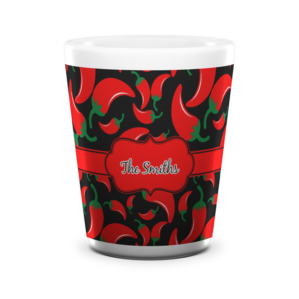 Custom Chili Peppers Ceramic Shot Glass - 1.5 oz - White - Set of 4 (Personalized)