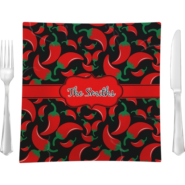 Custom Chili Peppers 9.5" Glass Square Lunch / Dinner Plate- Single or Set of 4 (Personalized)
