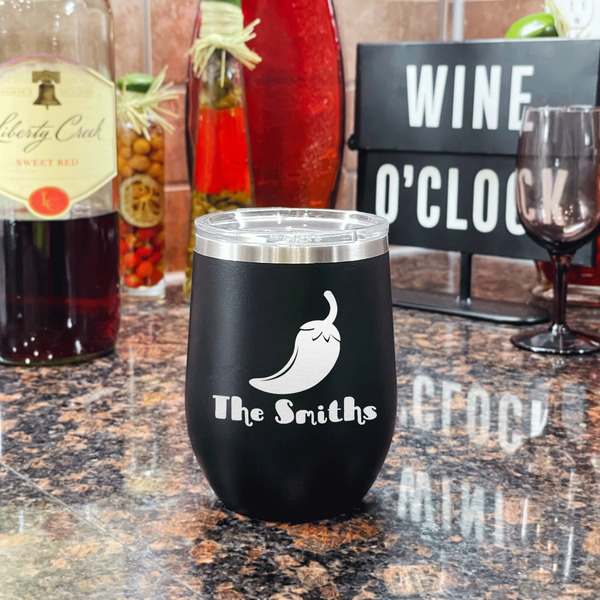 Chili Peppers Stainless Wine Tumblers - Black - Single Sided - In Context
