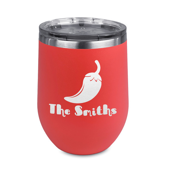 Custom Chili Peppers Stemless Stainless Steel Wine Tumbler - Coral - Double Sided (Personalized)