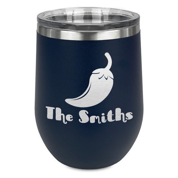 Custom Chili Peppers Stemless Stainless Steel Wine Tumbler - Navy - Single Sided (Personalized)