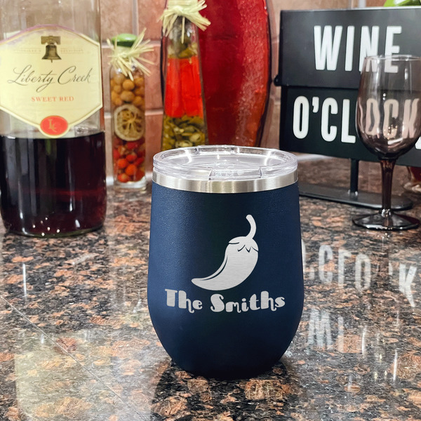 Chili Peppers Stainless Wine Tumblers - Navy - Single Sided - In Context