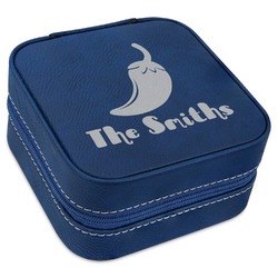 Chili Peppers Travel Jewelry Box - Navy Blue Leather (Personalized)