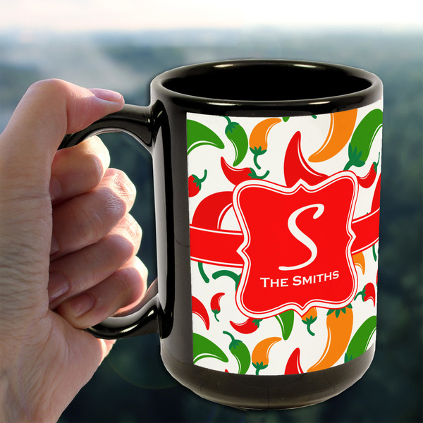 Colored Peppers 15oz. Black Mug - LIFESTYLE