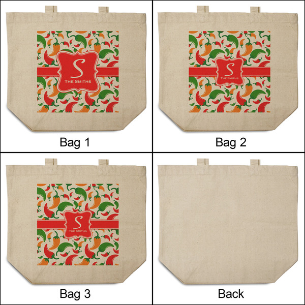 Colored Peppers 3 Reusable Cotton Grocery Bags - Front & Back View