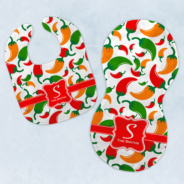 Custom Colored Peppers Baby Bib & Burp Set w/ Name and Initial