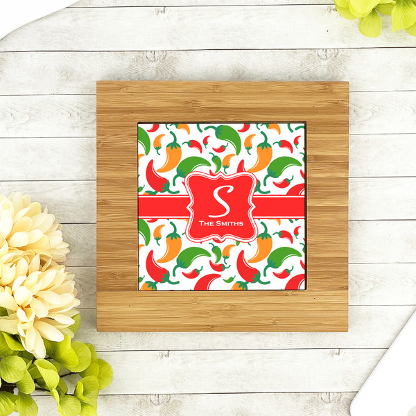 Colored Peppers Bamboo Trivet with 6" Tile - LIFESTYLE