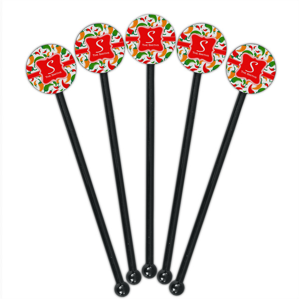 Colored Peppers Black Plastic 5.5" Stir Stick - Round - Fan View