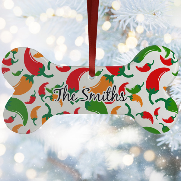 Custom Colored Peppers Ceramic Dog Ornament w/ Name and Initial