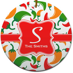 Colored Peppers Round Ceramic Ornament w/ Name and Initial