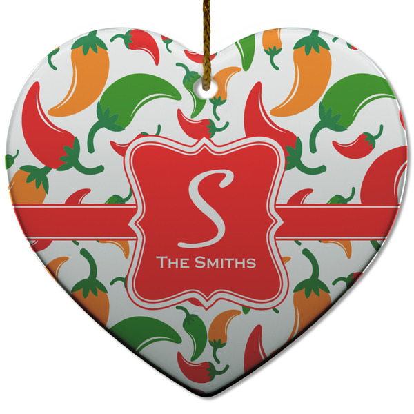 Custom Colored Peppers Heart Ceramic Ornament w/ Name and Initial