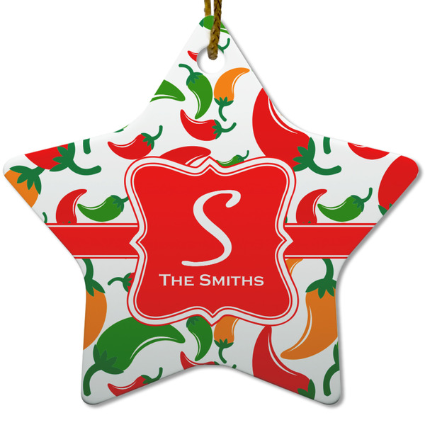 Custom Colored Peppers Star Ceramic Ornament w/ Name and Initial