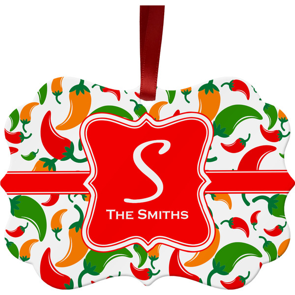 Custom Colored Peppers Metal Frame Ornament - Double Sided w/ Name and Initial