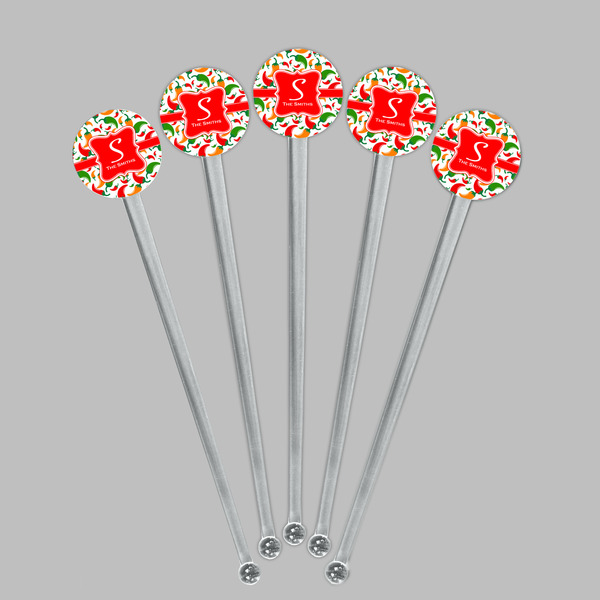 Colored Peppers Clear Plastic 7" Stir Stick - Round - Fan View